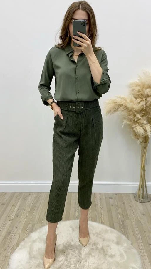 Kemerli Kadife Pantolon Haki