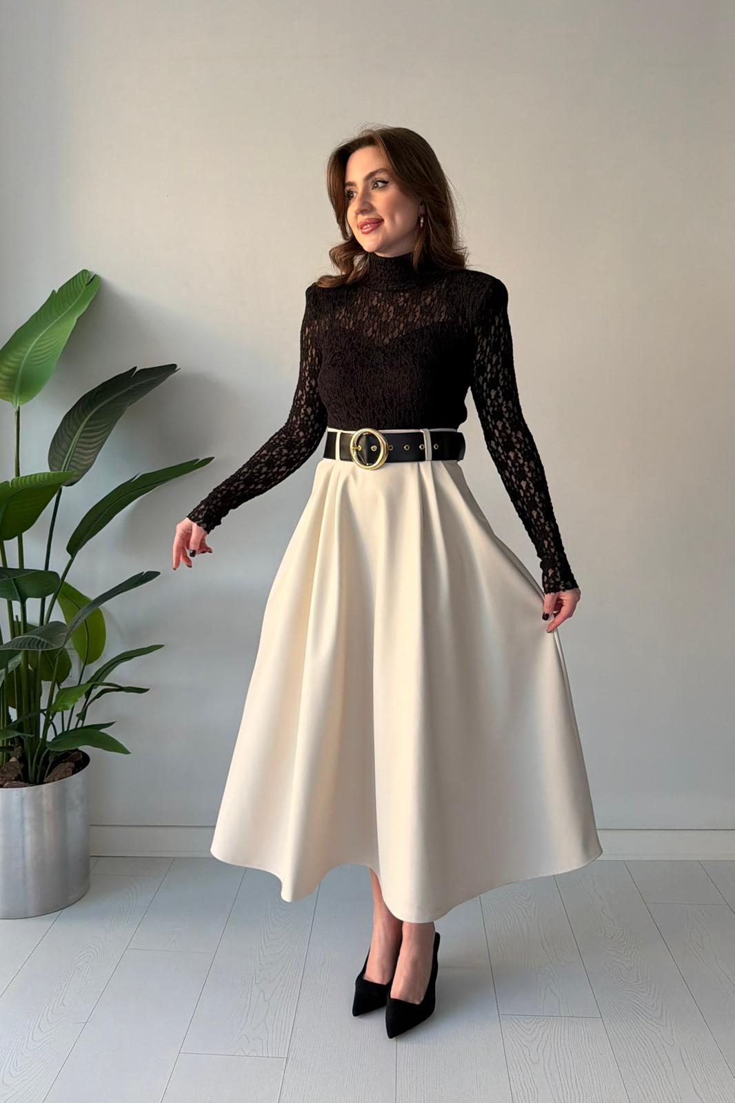 Deri Etekli Tasarım Elbise - Ekru