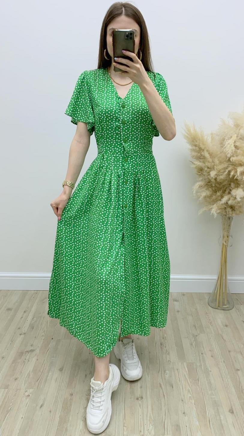 Kalp Desenli Viskon Elbise Yeşil