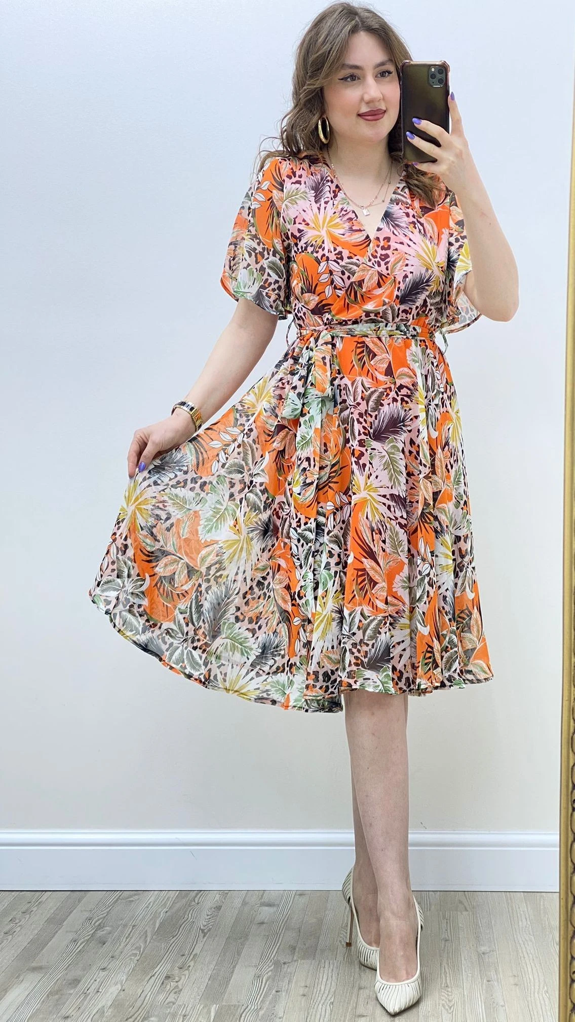 Kısa Kollu Şifon Elbise Turuncu