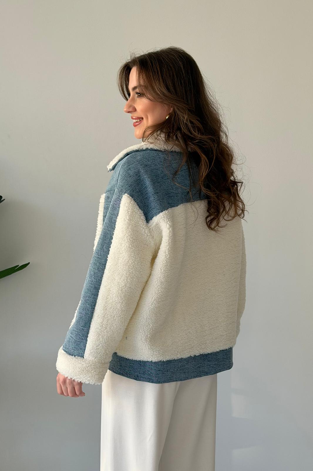 Denim Garnili Peluş Ceket