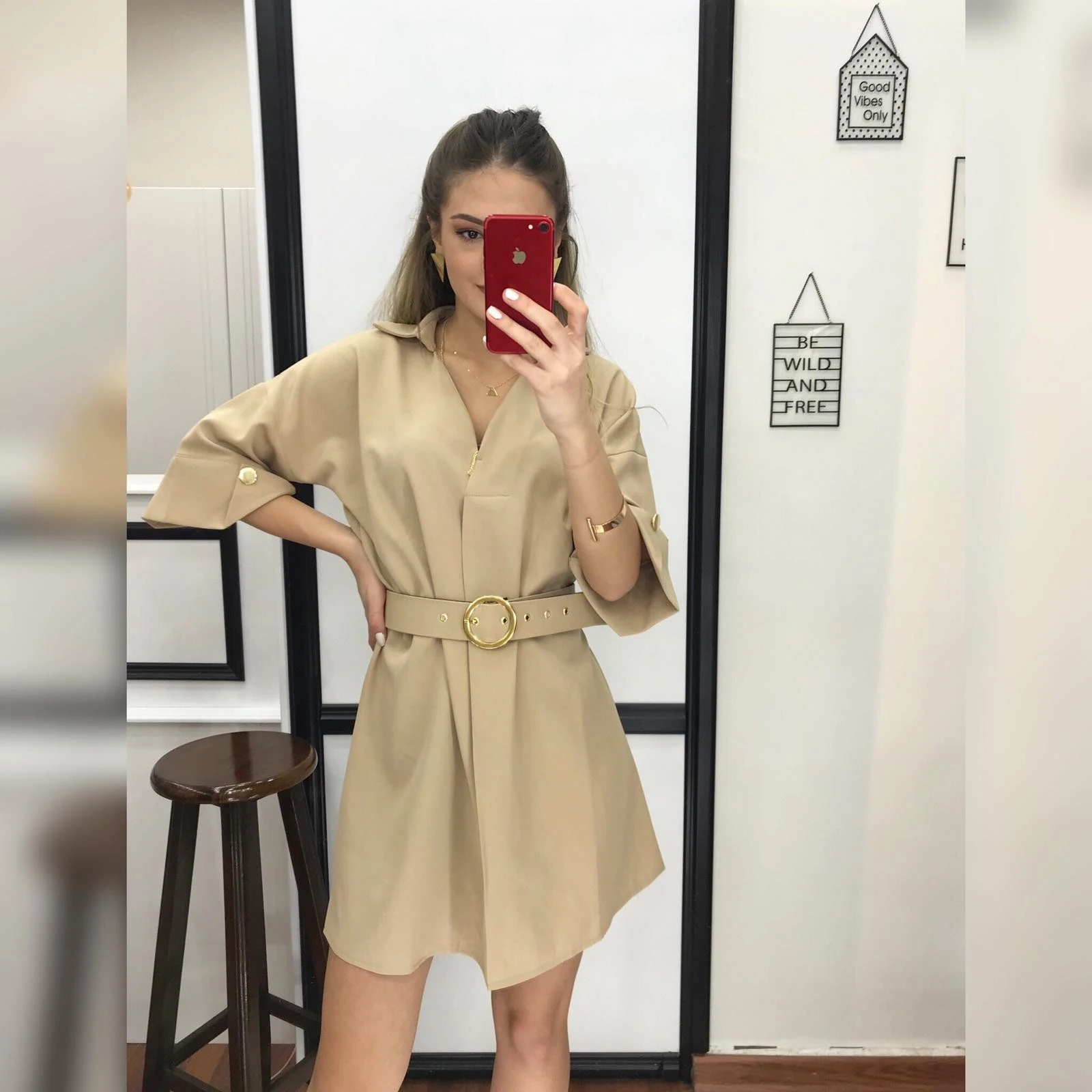 Kemerli Şık Elbise-Bej