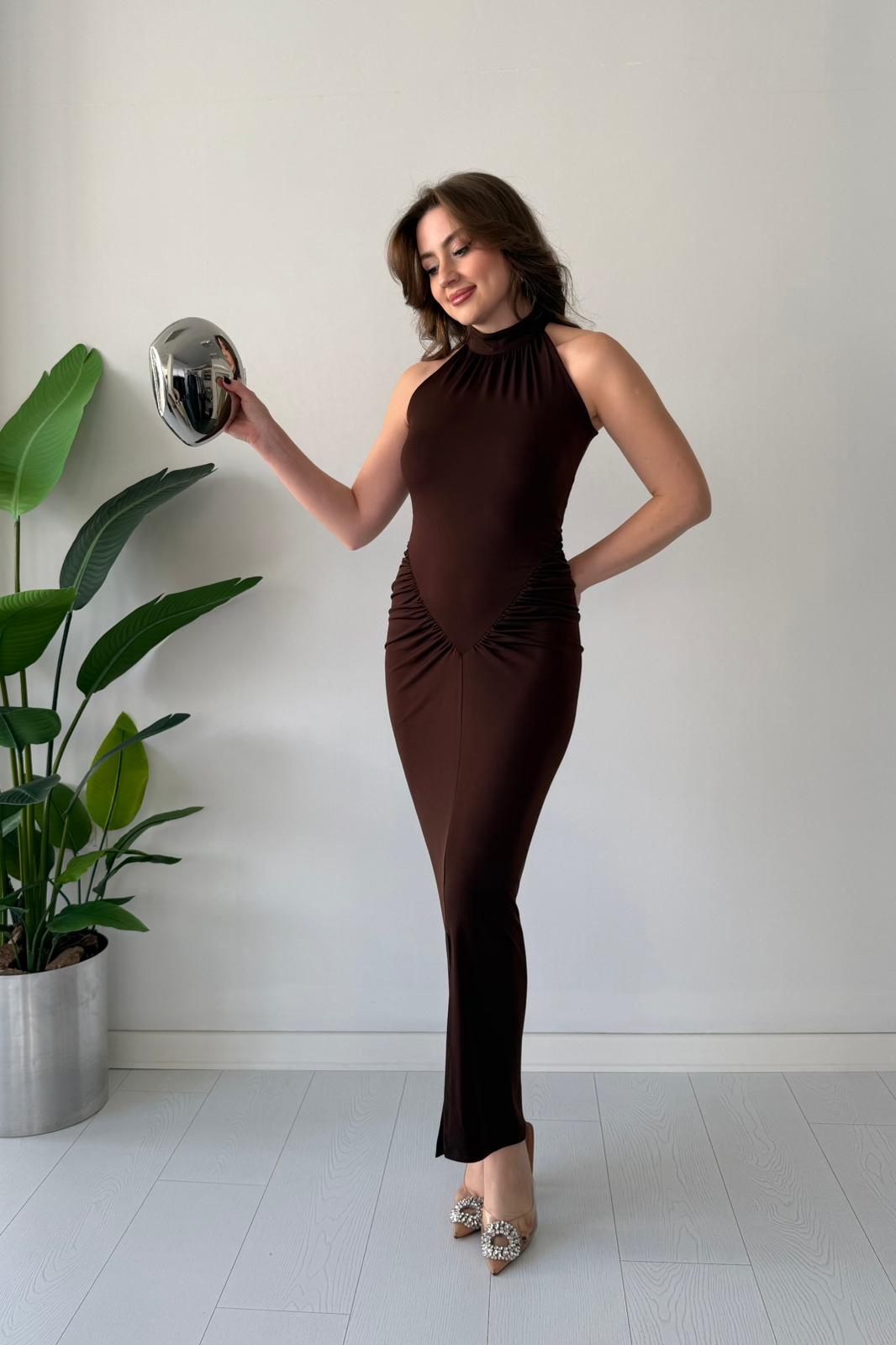 Kalça Drapeli Esnek Elbise - Kahve