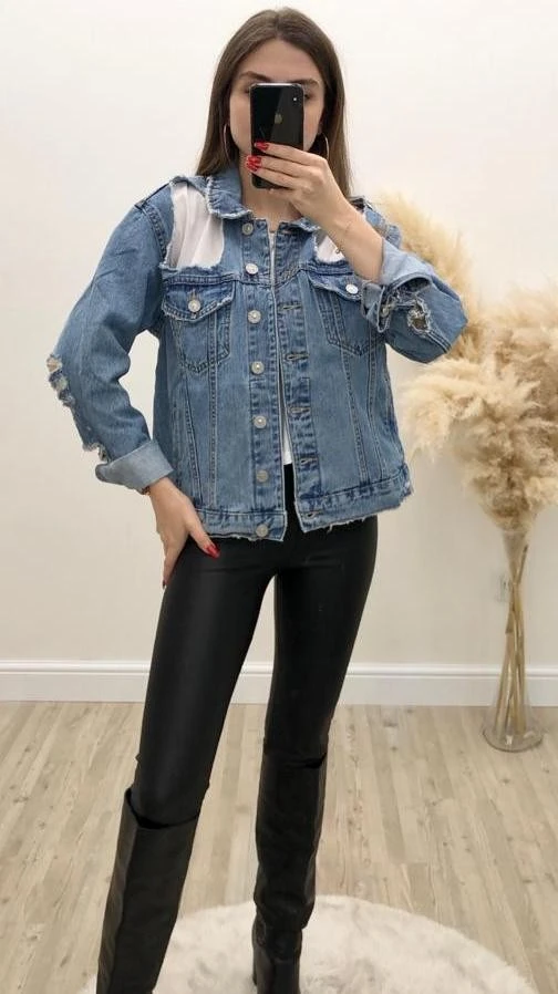 Yırtıklı Denim Ceket Mavi