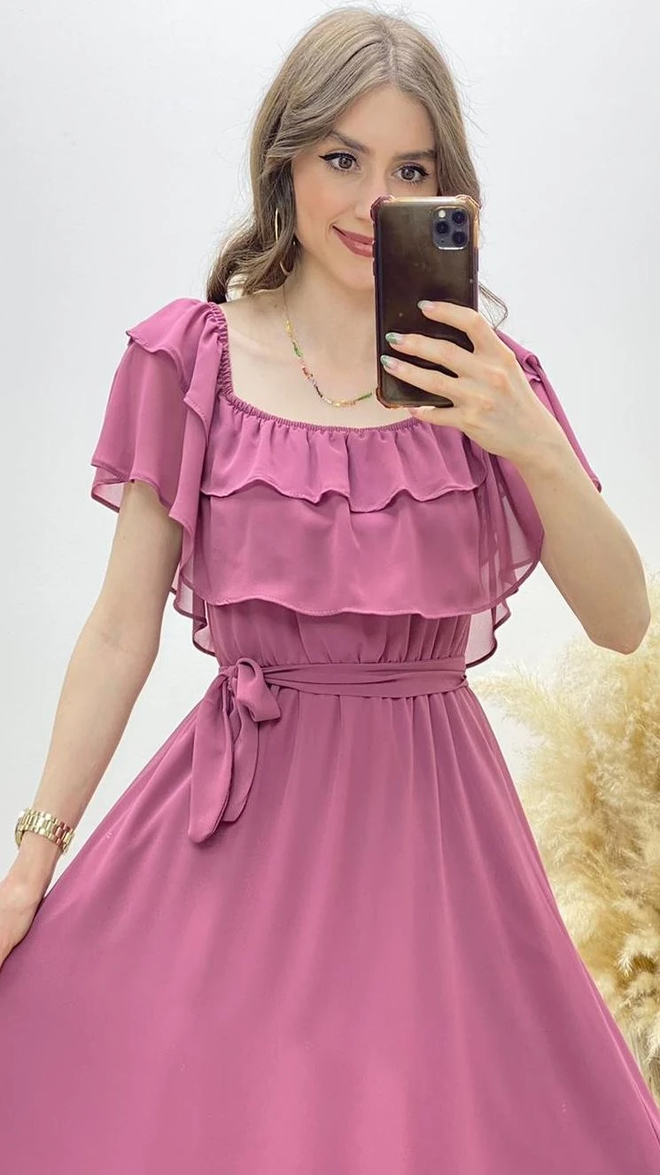 Fırfırlı Madonna Şifon Elbise Pudra