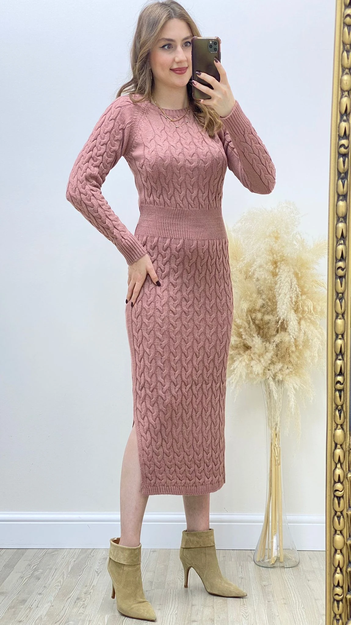 Midi Boy Saç Örgü Triko Elbise Pudra