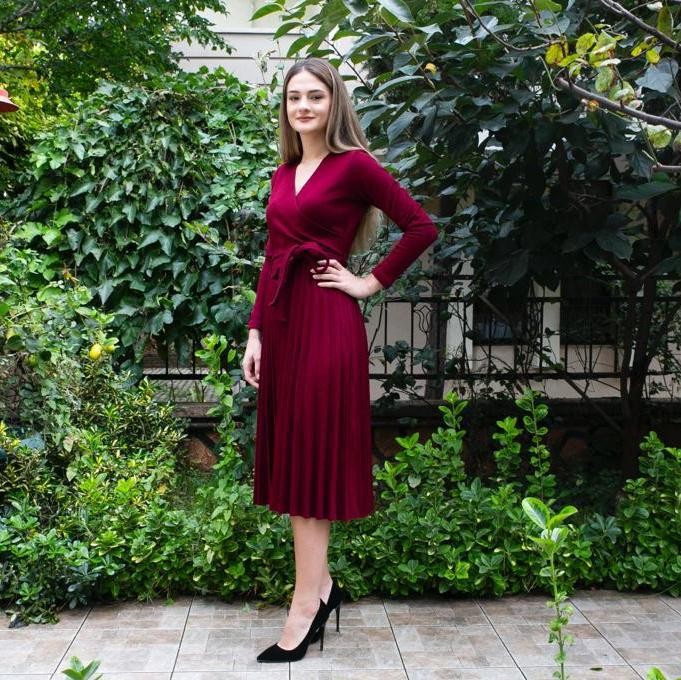 Kruvaze Yaka Triko Elbise Bordo