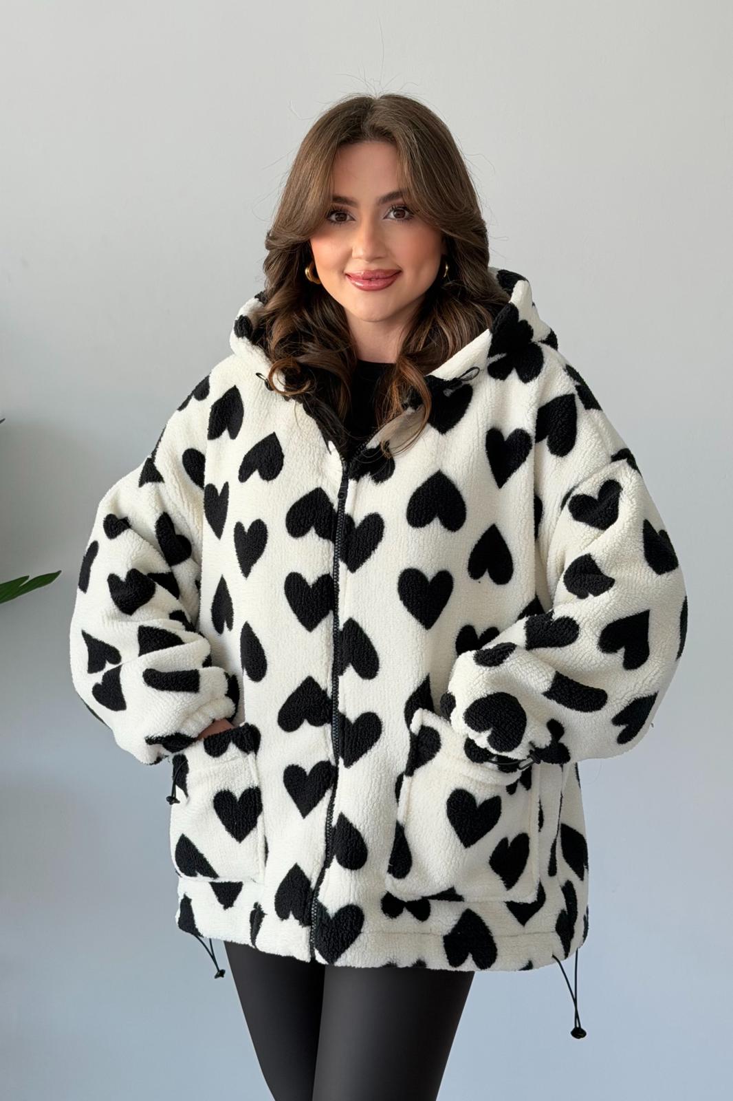 Kapşonlu Kalpli Peluş Mont