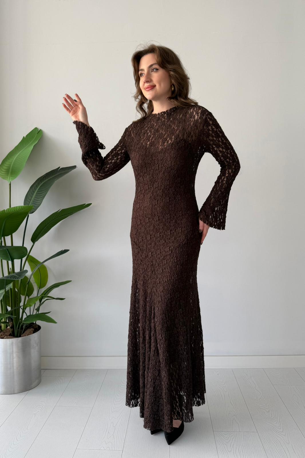 Maksi Dantel Elbise - Kahve