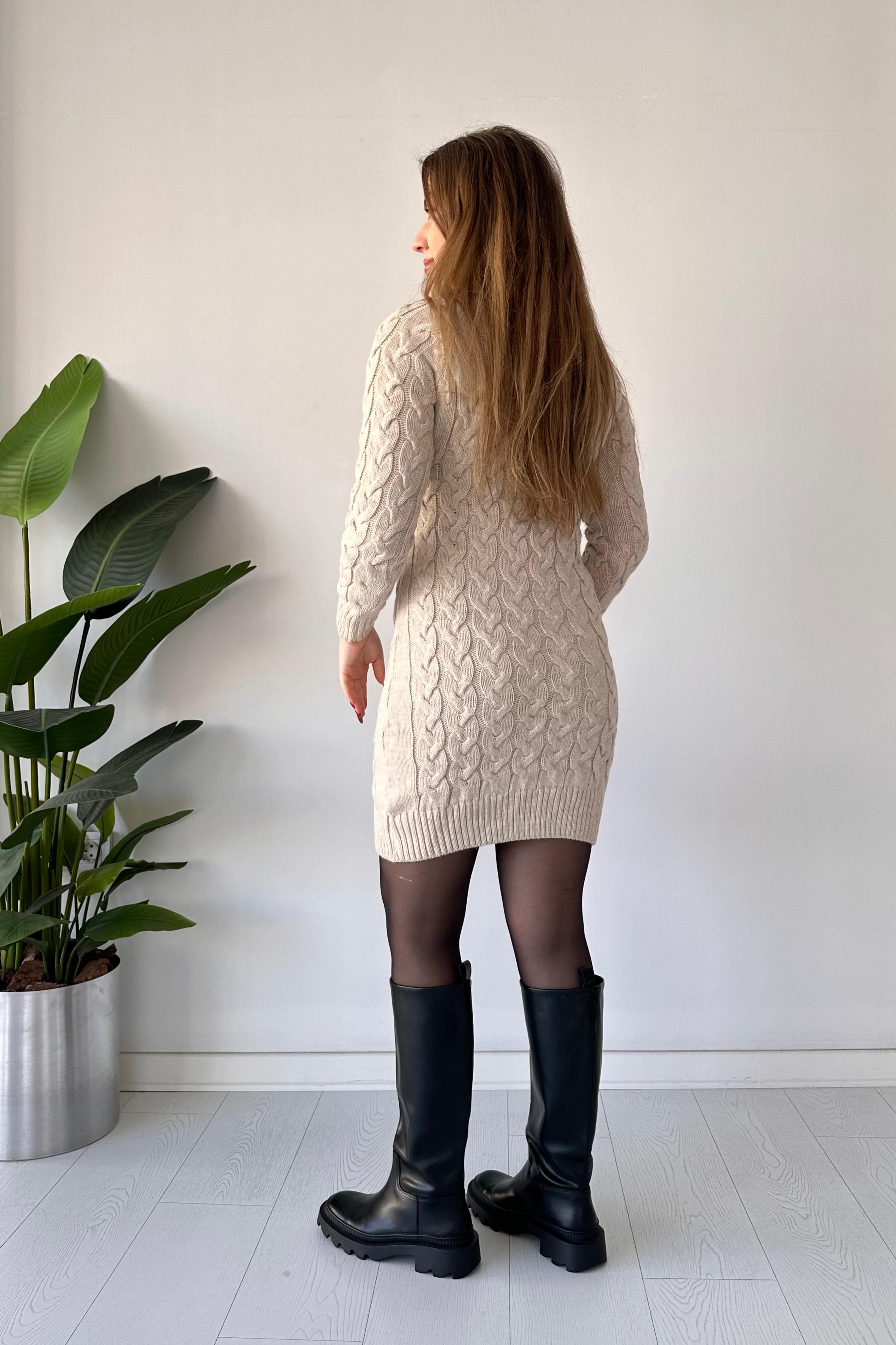 Saç Örgü Fermuar Detaylı Triko Elbise