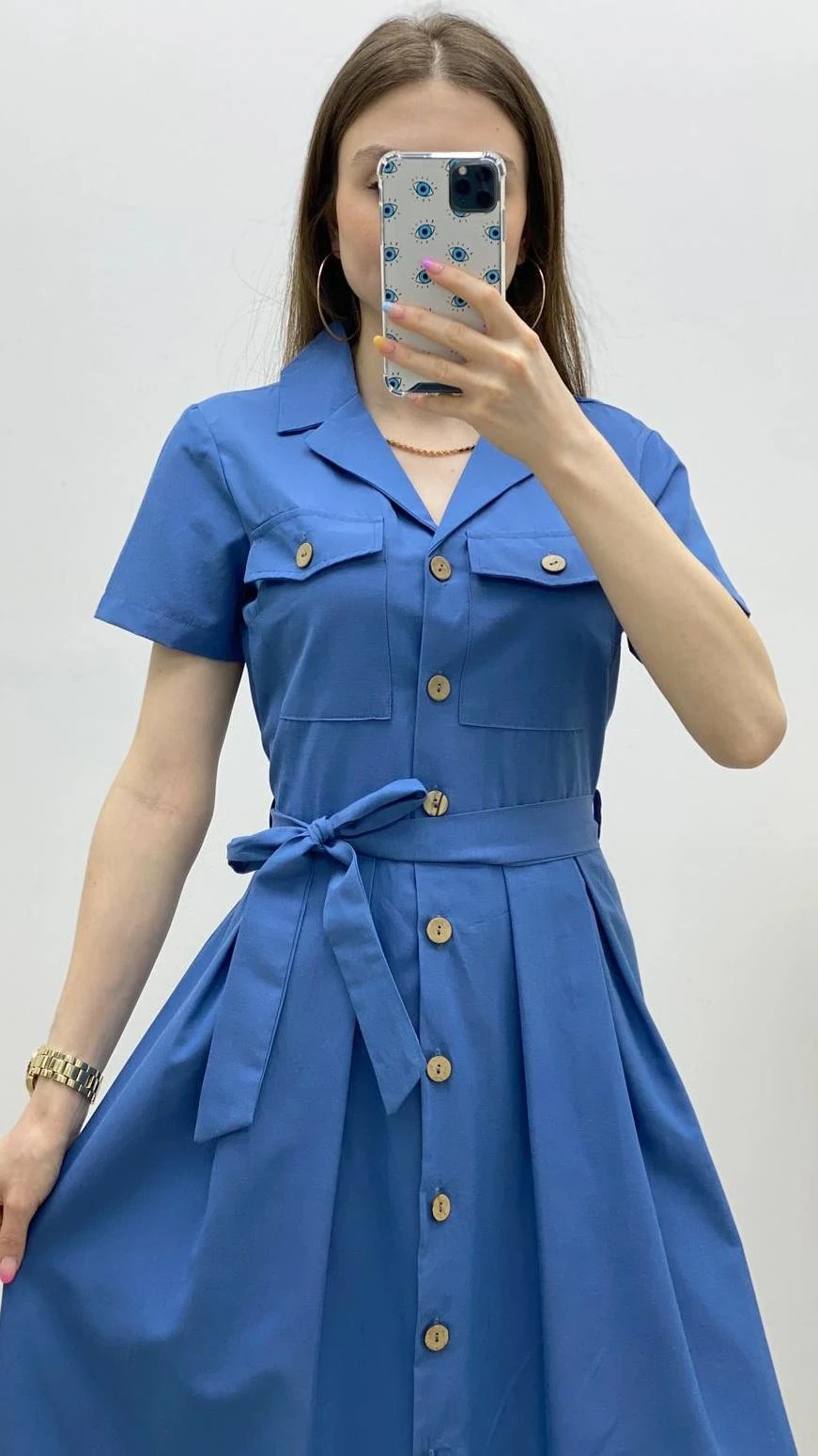Kısa Kol Düğmeli Elbise Mavi