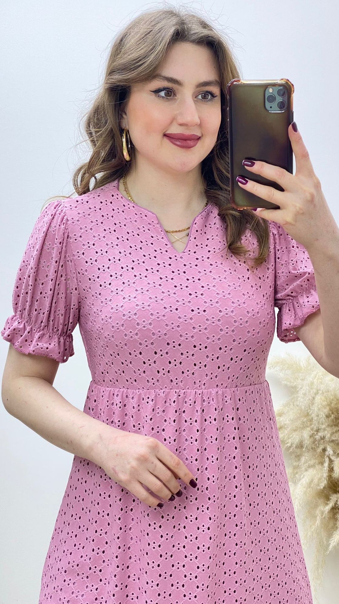 Delik İşli Astarlı Elbise Pembe