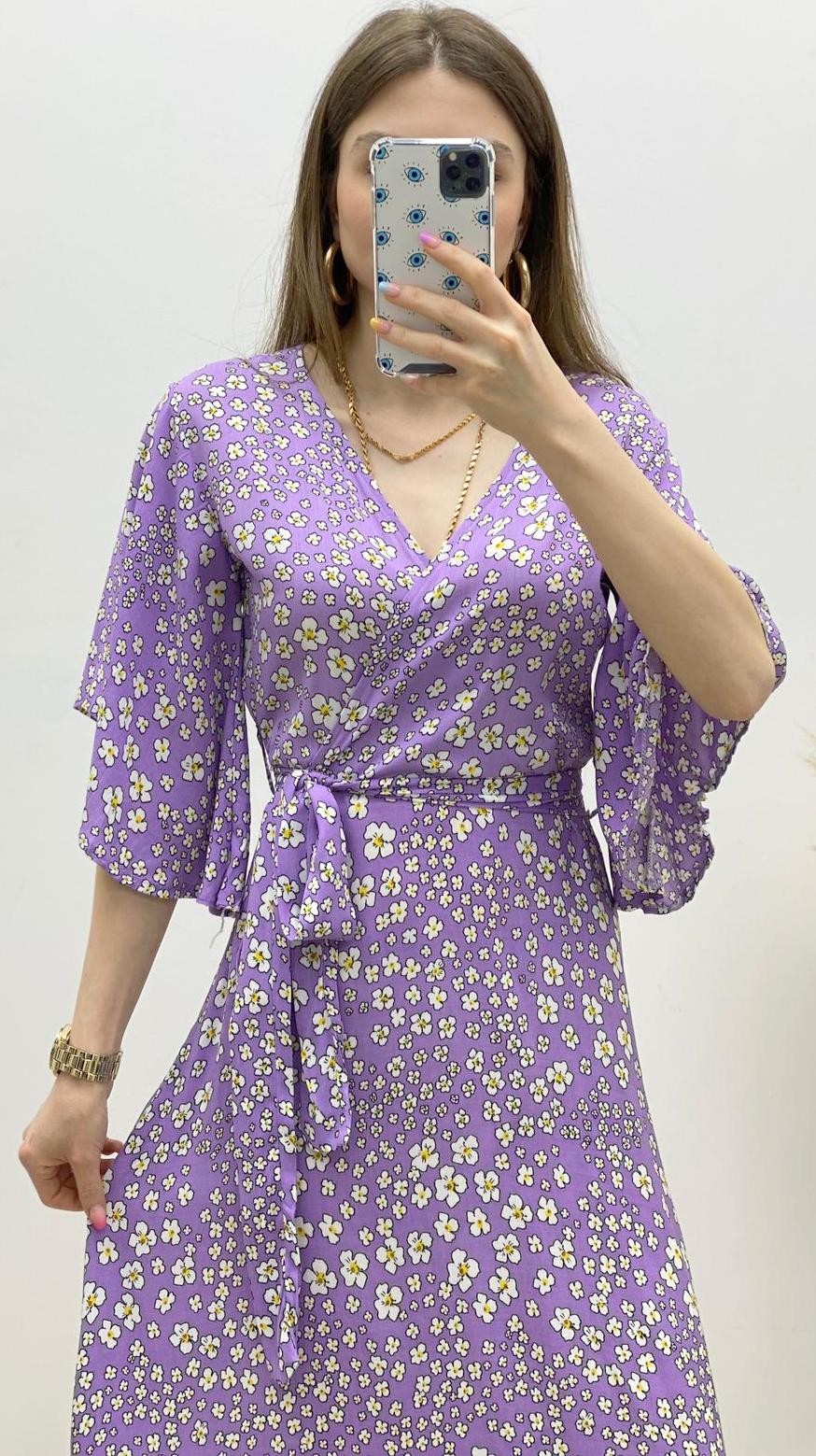 Zakkum Çiçekli Viskon Elbise Lila
