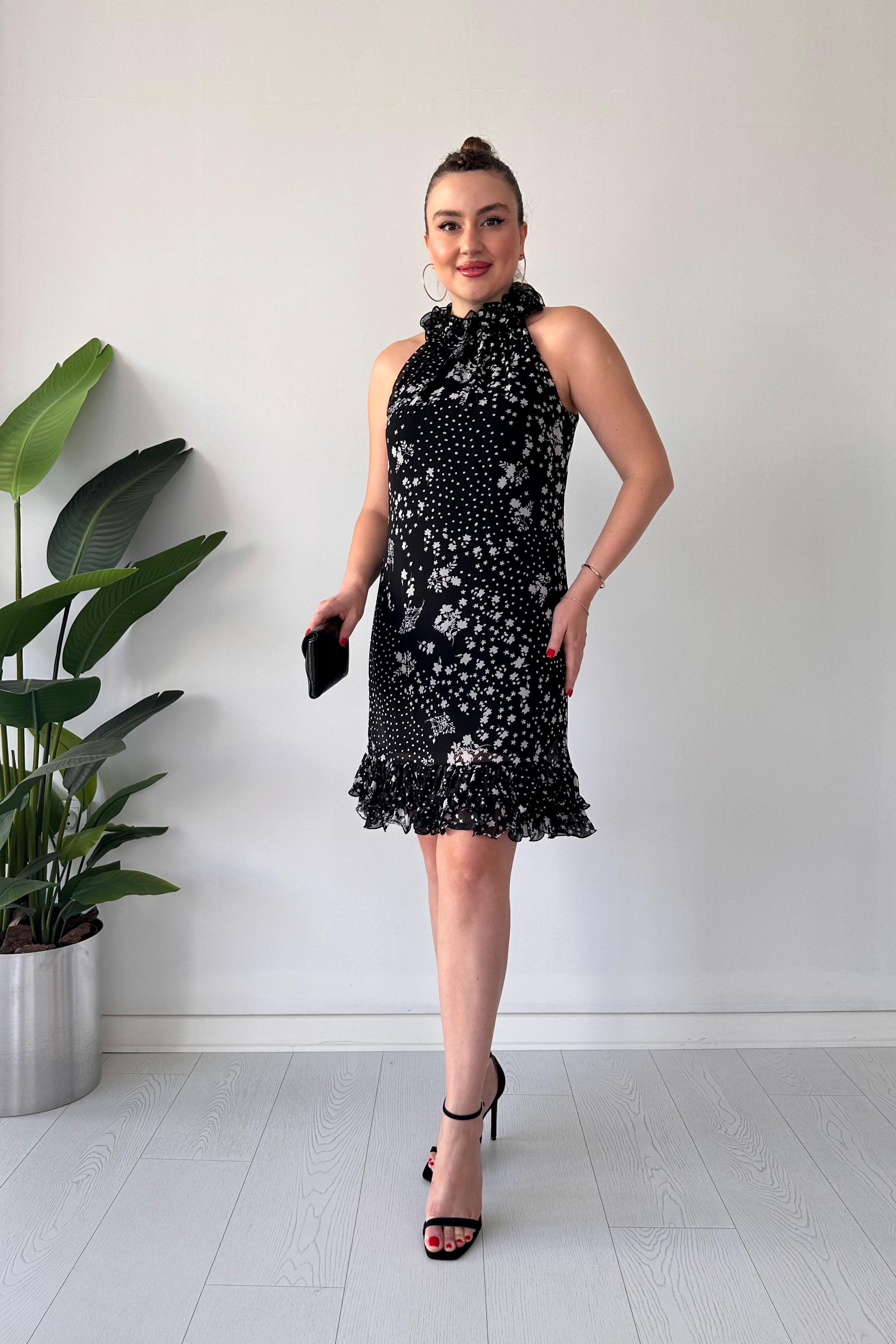 Çiçekli Farbala Elbise