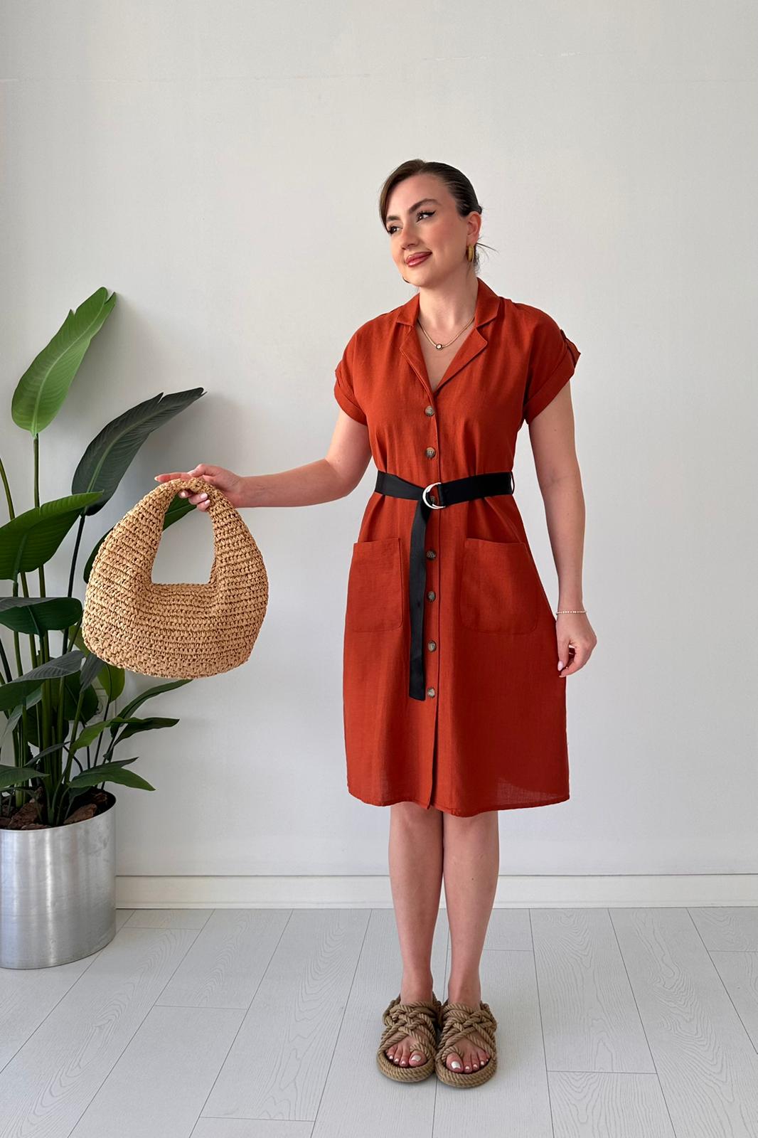 Siyah Kemerli Gömlek Elbise - Kiremit