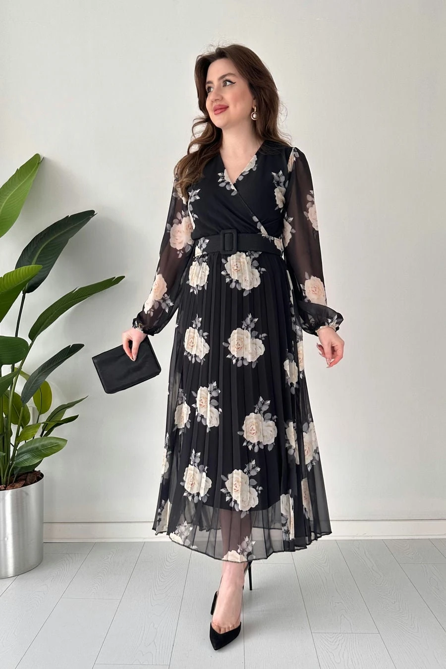 Midi Gül Şifon Elbise