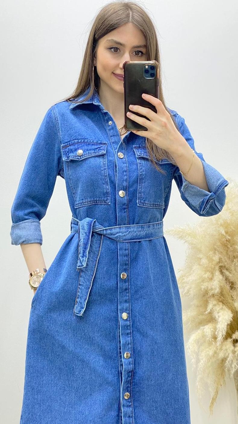 Çıtçıtlı Jean Elbise Mavi