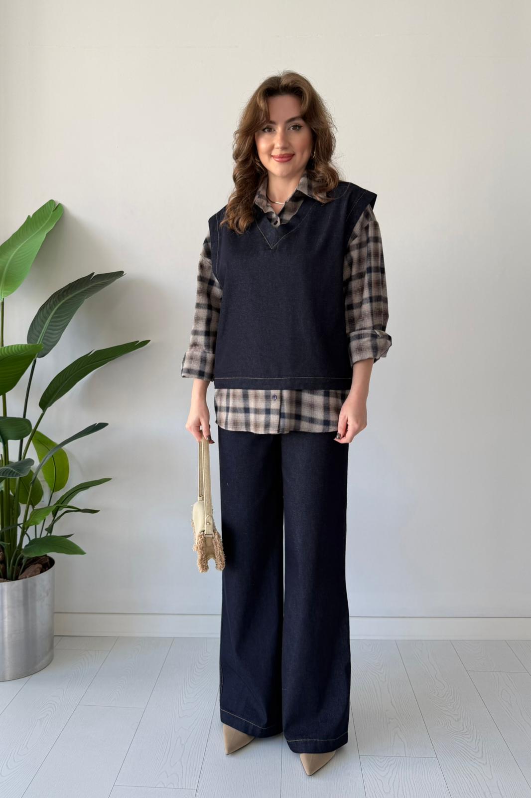 Ekose Gömlekli Denim Takım - Lacivert