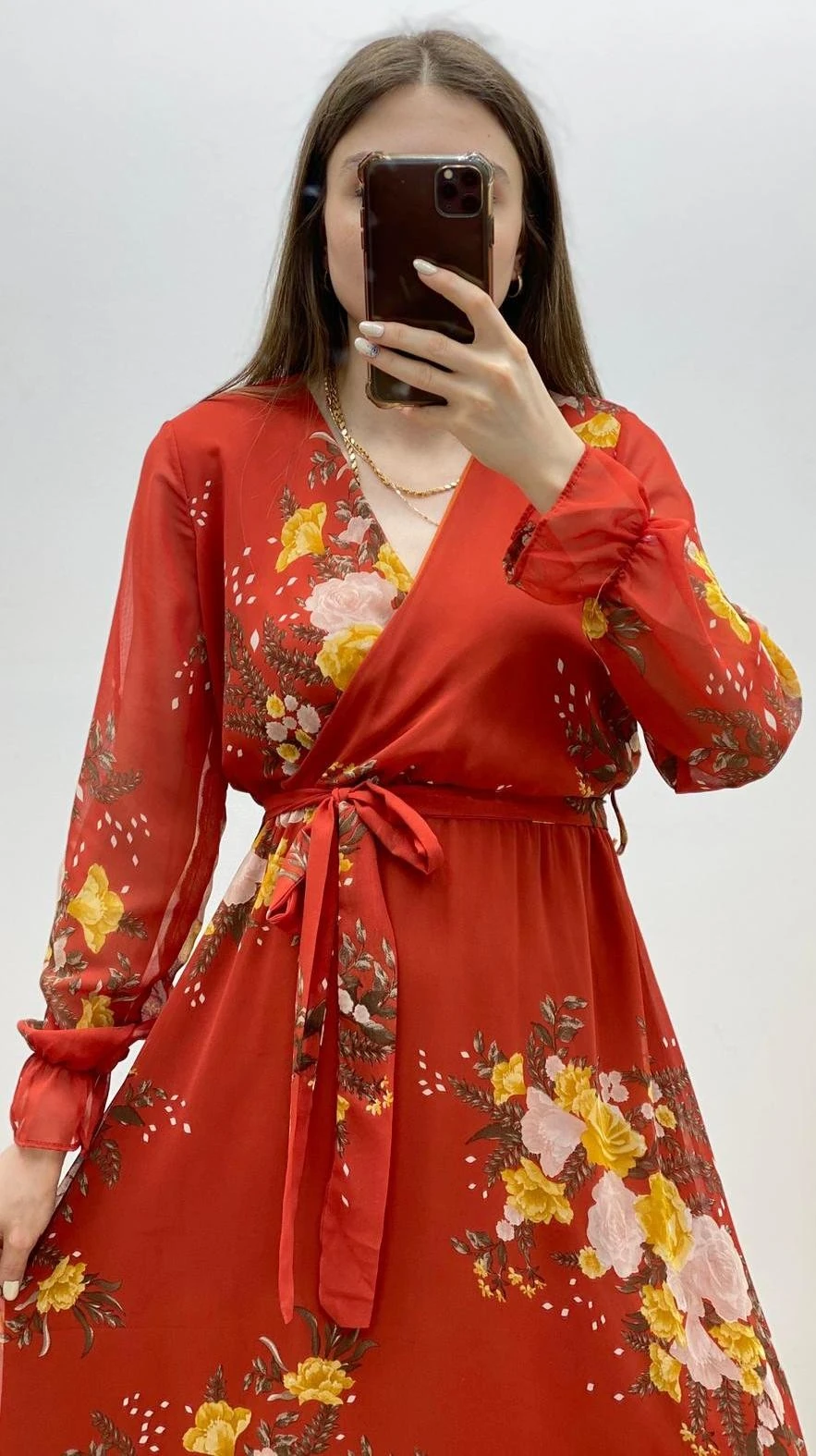 Maksi Kruvaze Yaka Desenli Şifon Elbise Kiremit