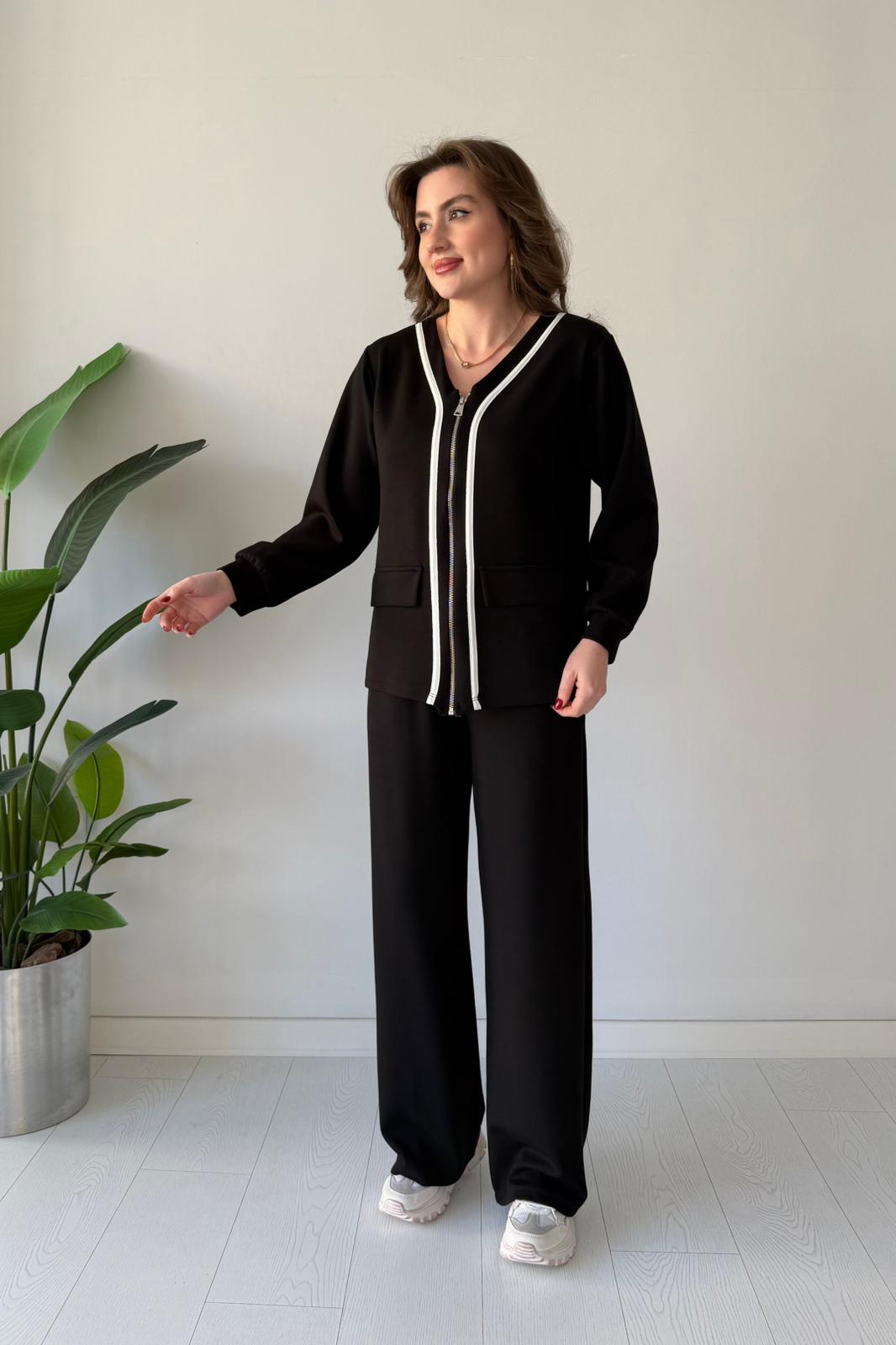 Biye Garnili Fermuarlı Takım - Siyah