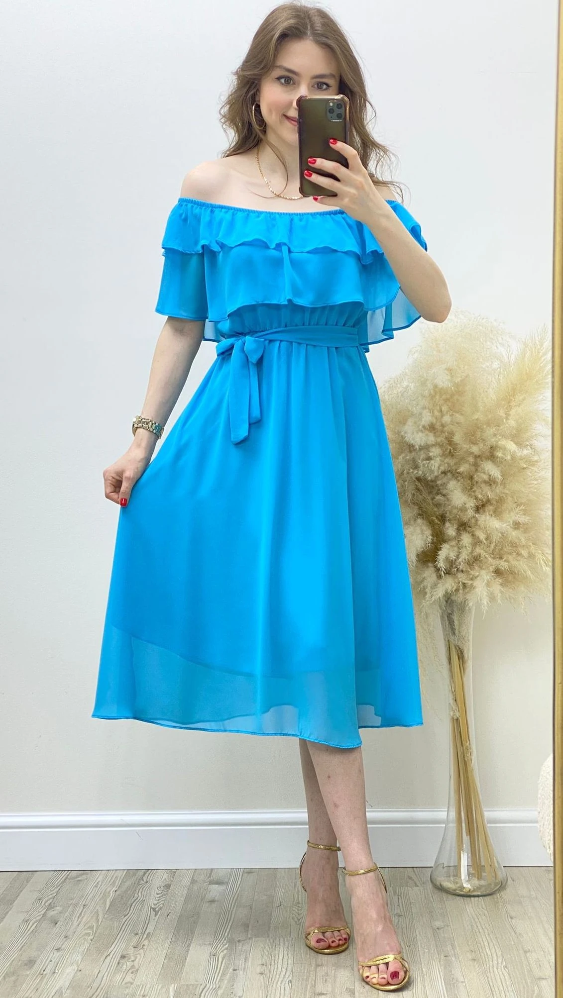 Fırfırlı Madonna Şifon Elbise Turkuaz