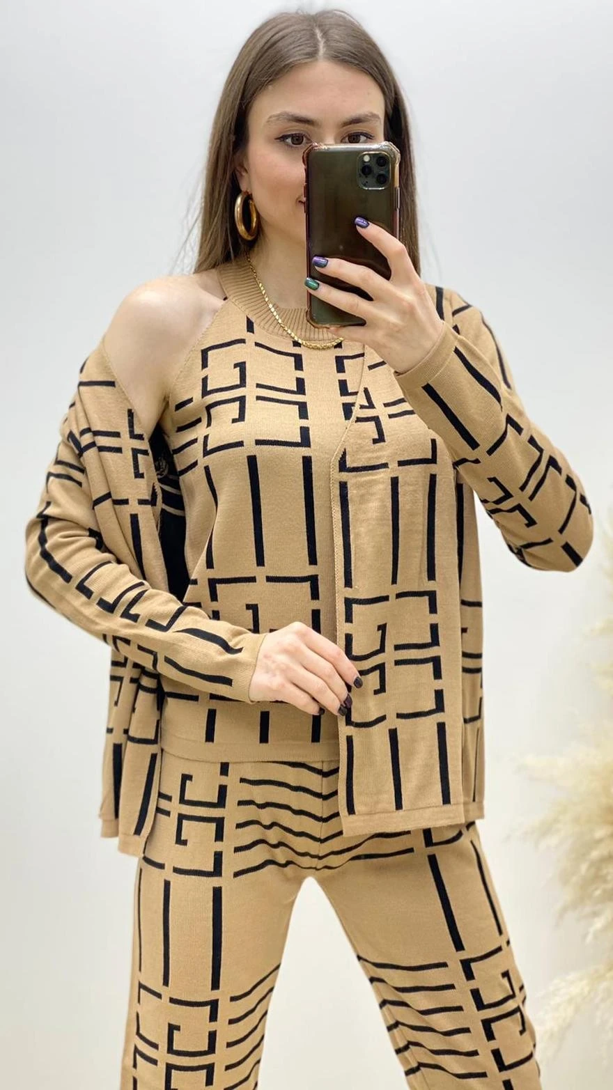 GG Desenli Triko Takım Bej