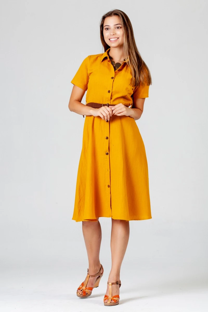 Kısa Kol Hasır Kemer Elbise - Hardal