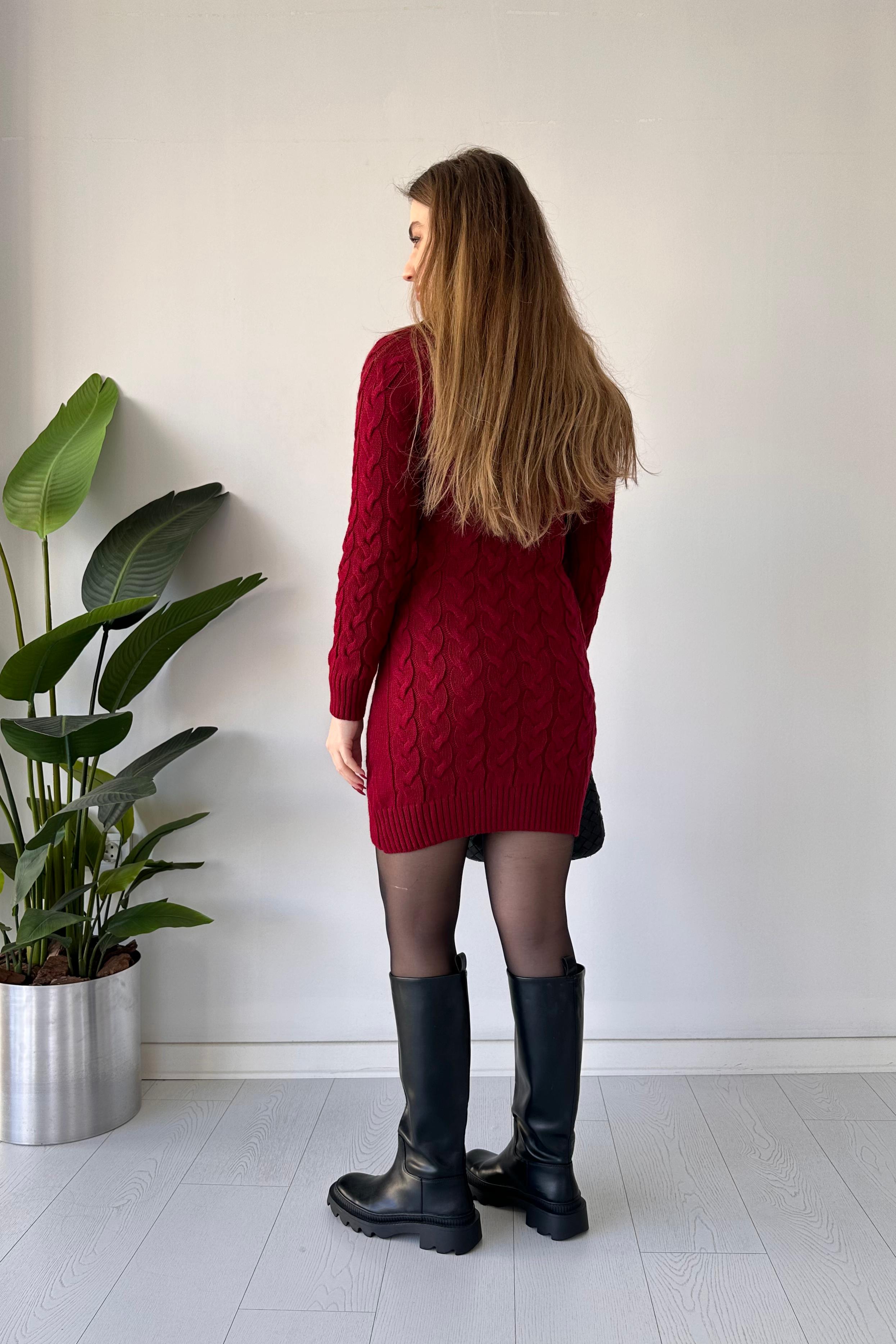 Saç Örgü Fermuar Detaylı Triko Elbise