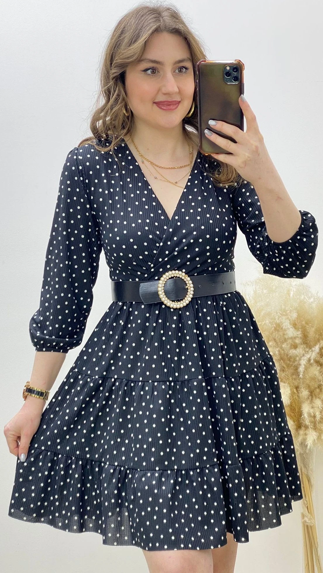 Puantiye Kloş Elbise Siyah