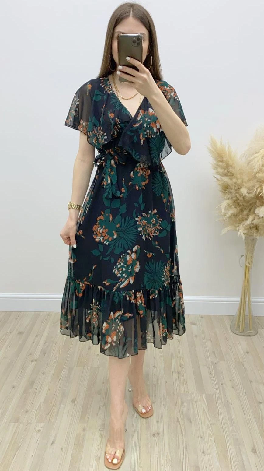 V Yaka Çiçek Desenli Midi Şifon Elbise Siyah