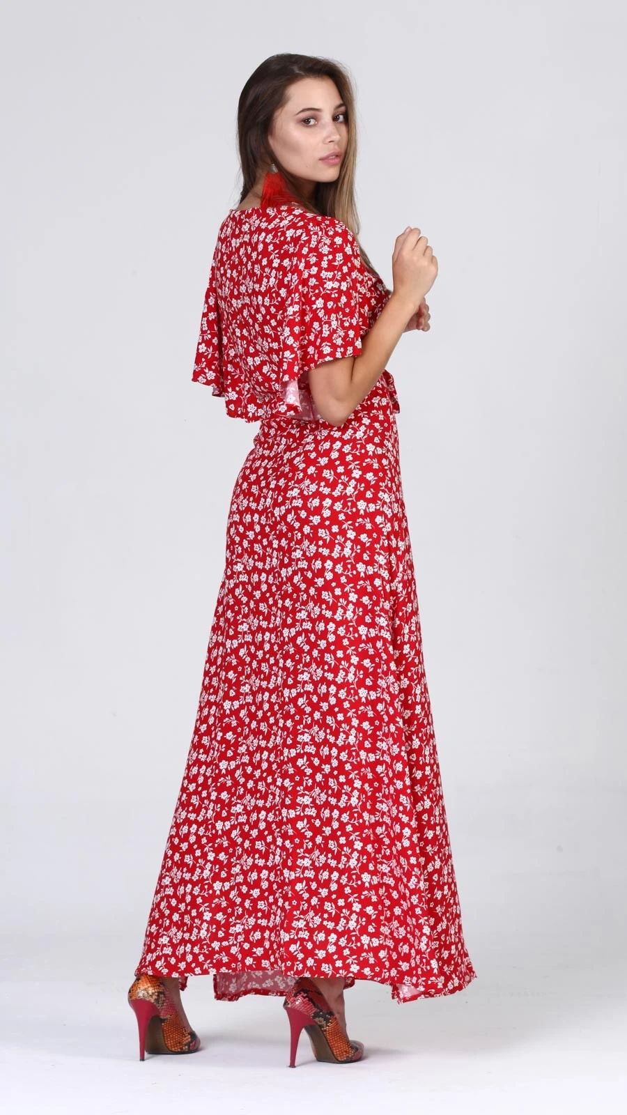 Boydan Düğmeli Yarasa Kol Elbise - Kırmızı