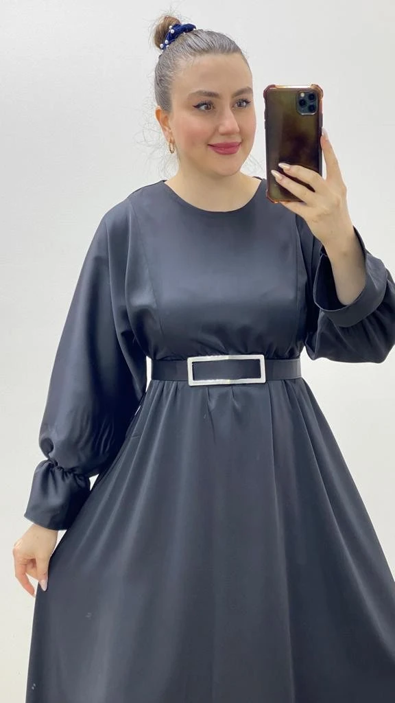 Kemerli Maksi Saten Elbise Siyah