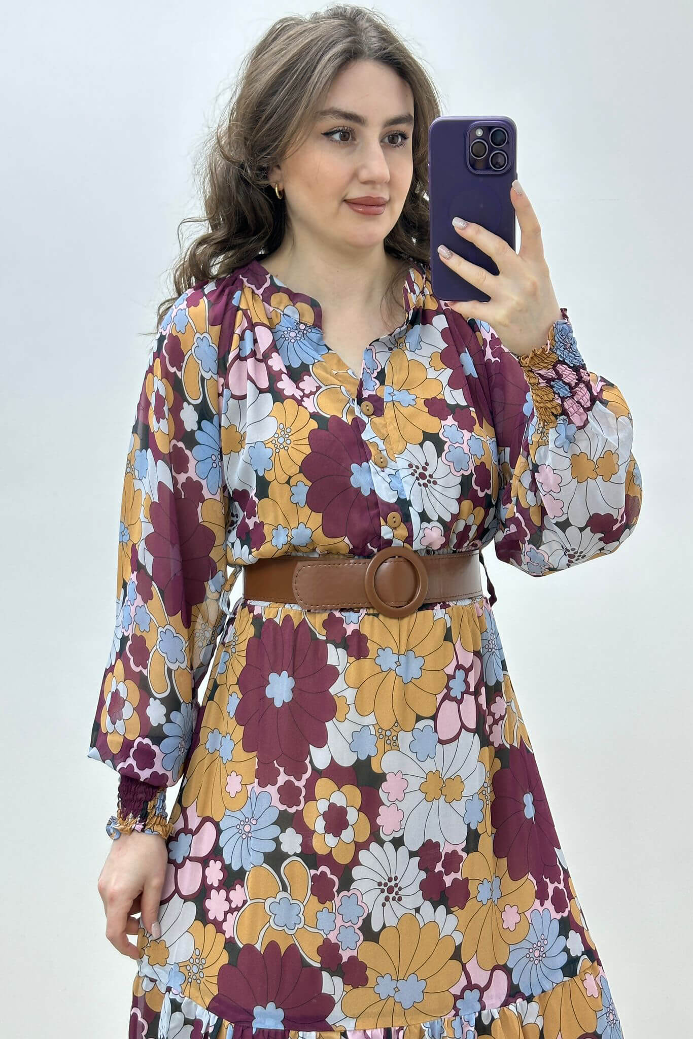 Lilyum Kemerli Şifon Elbise Kahverengi