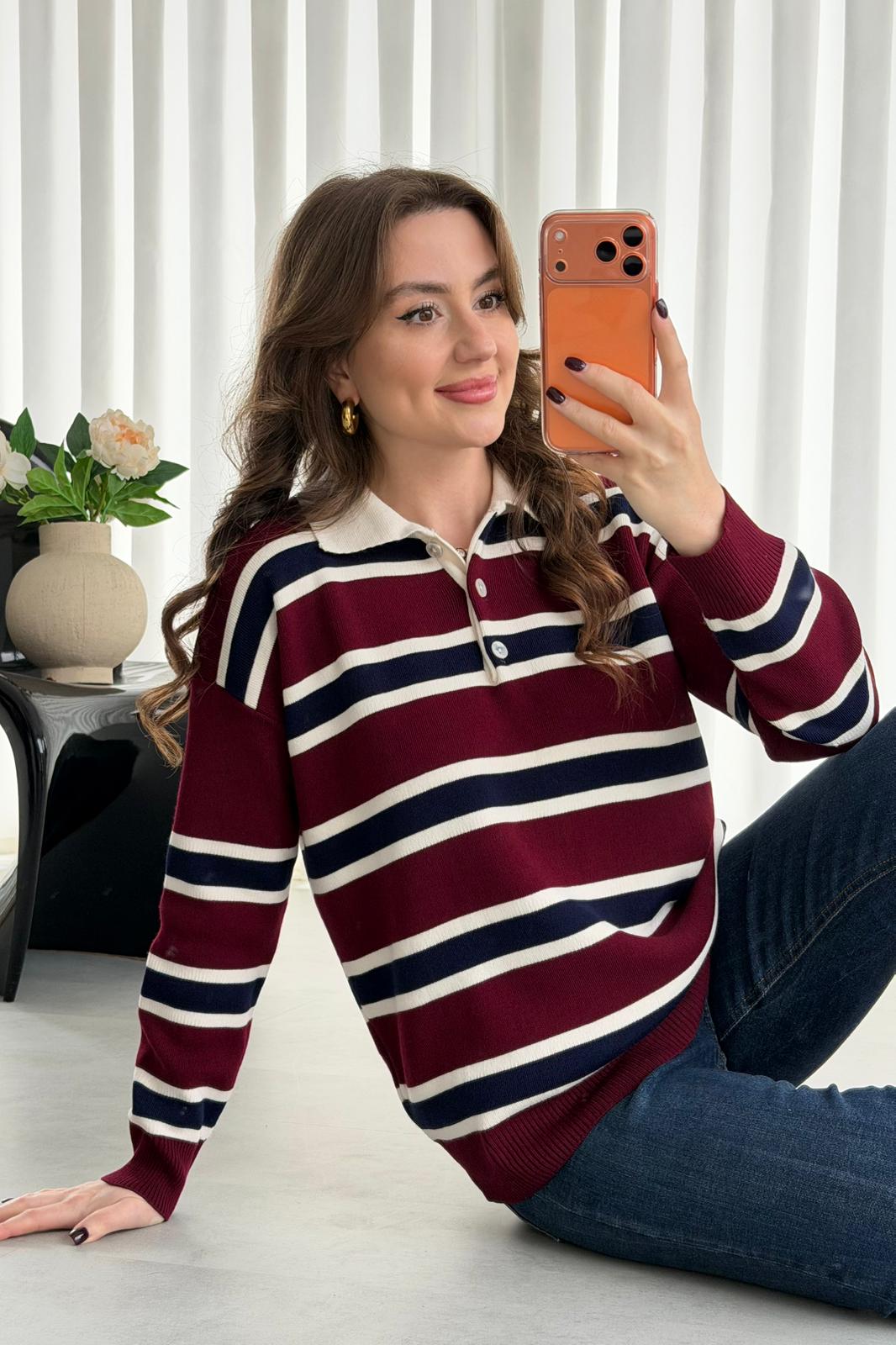 Çizgili Polo Kazak - Bordo