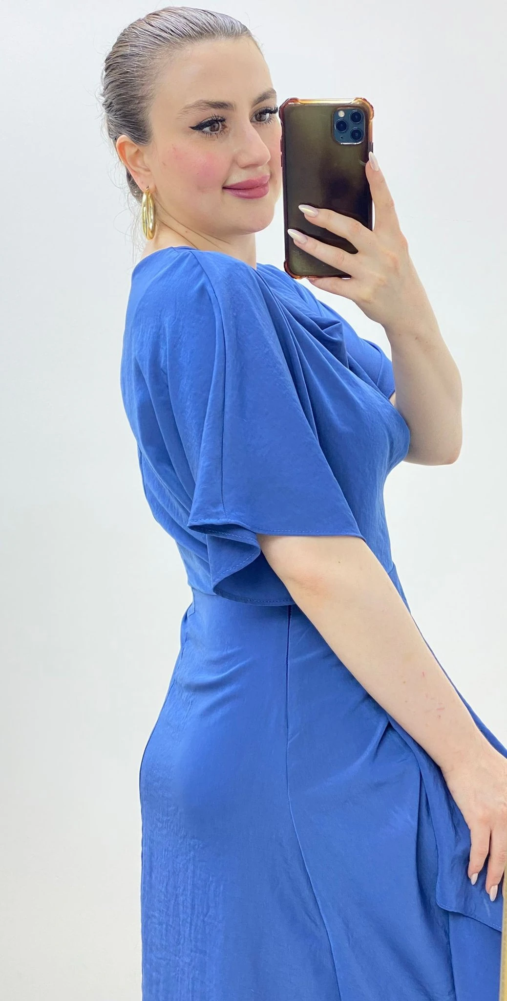 Degaje Yaka Volanlı Elbise Mavi