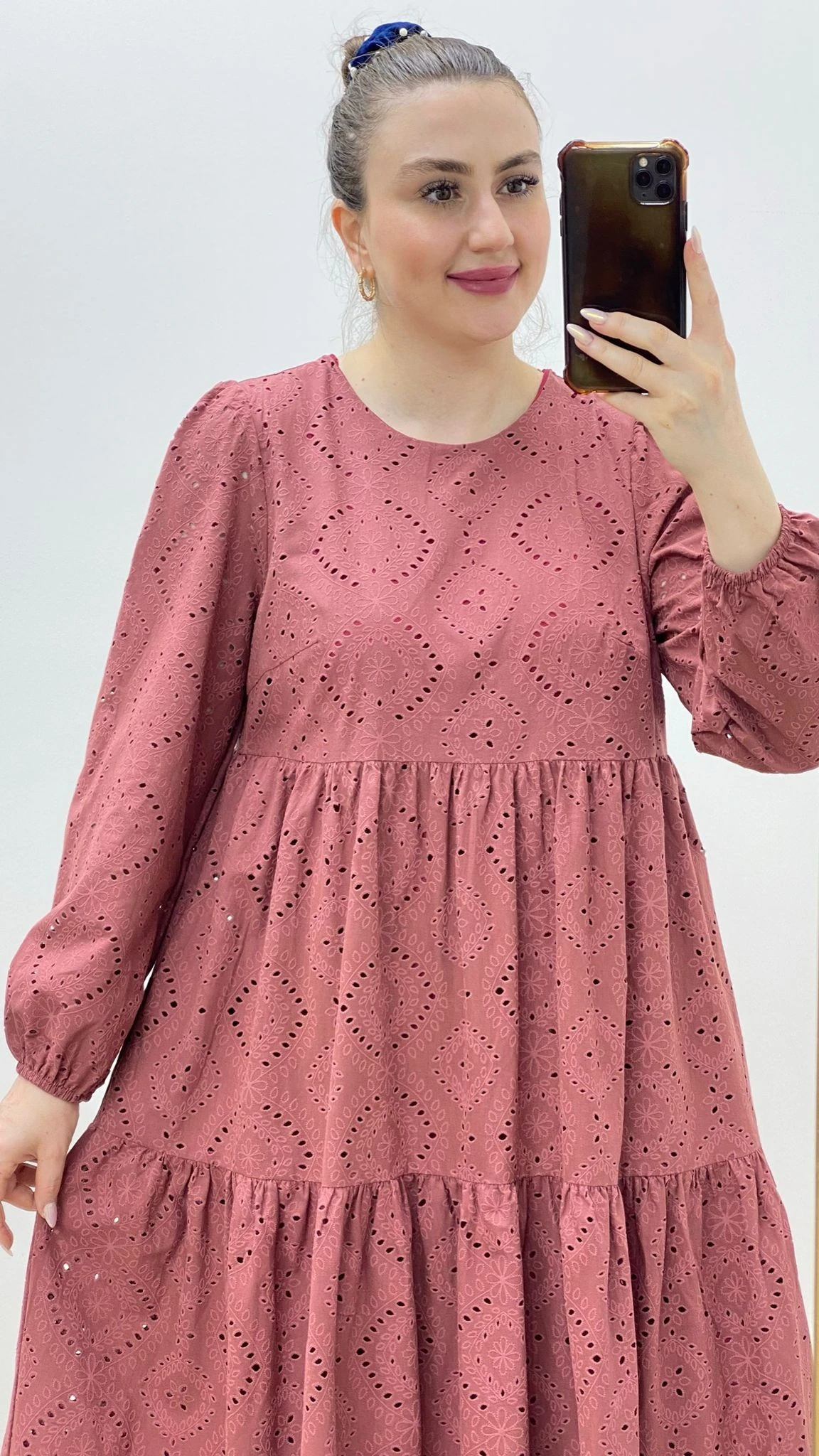 Uzun Kollu Fisto Elbise Gül Kurusu