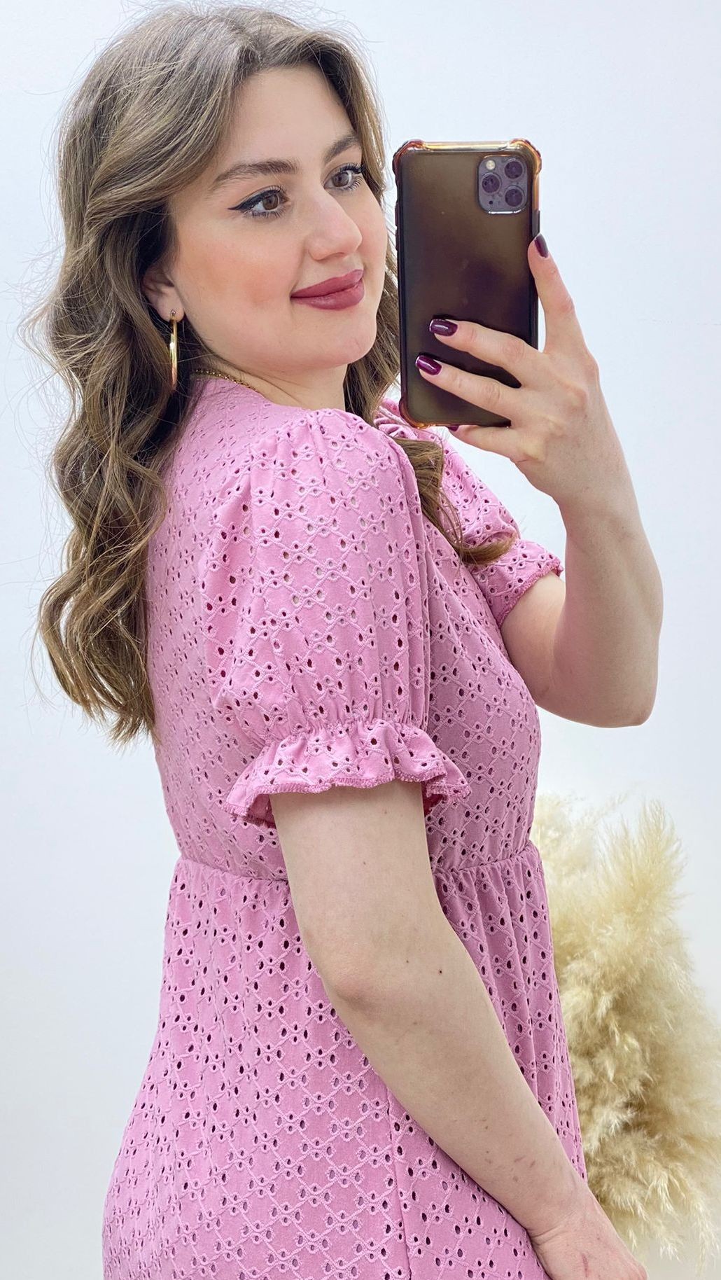 Delik İşli Astarlı Elbise Pembe