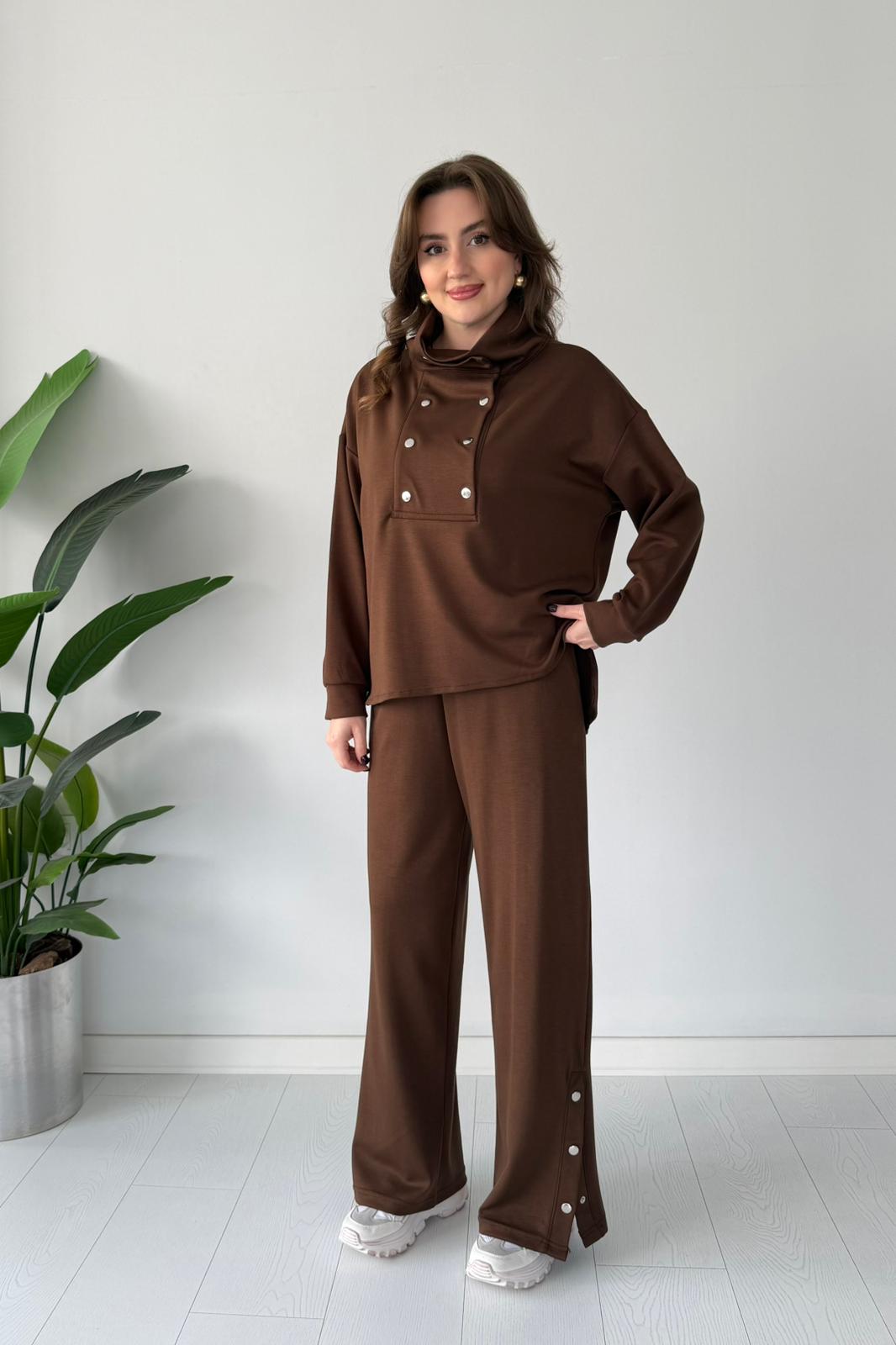 Yaka Çıtçıtlı İkili Takım - Kahve