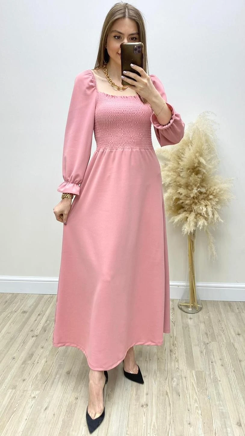 Maksi Gipeli Kare Yaka Kloş Elbise Pudra