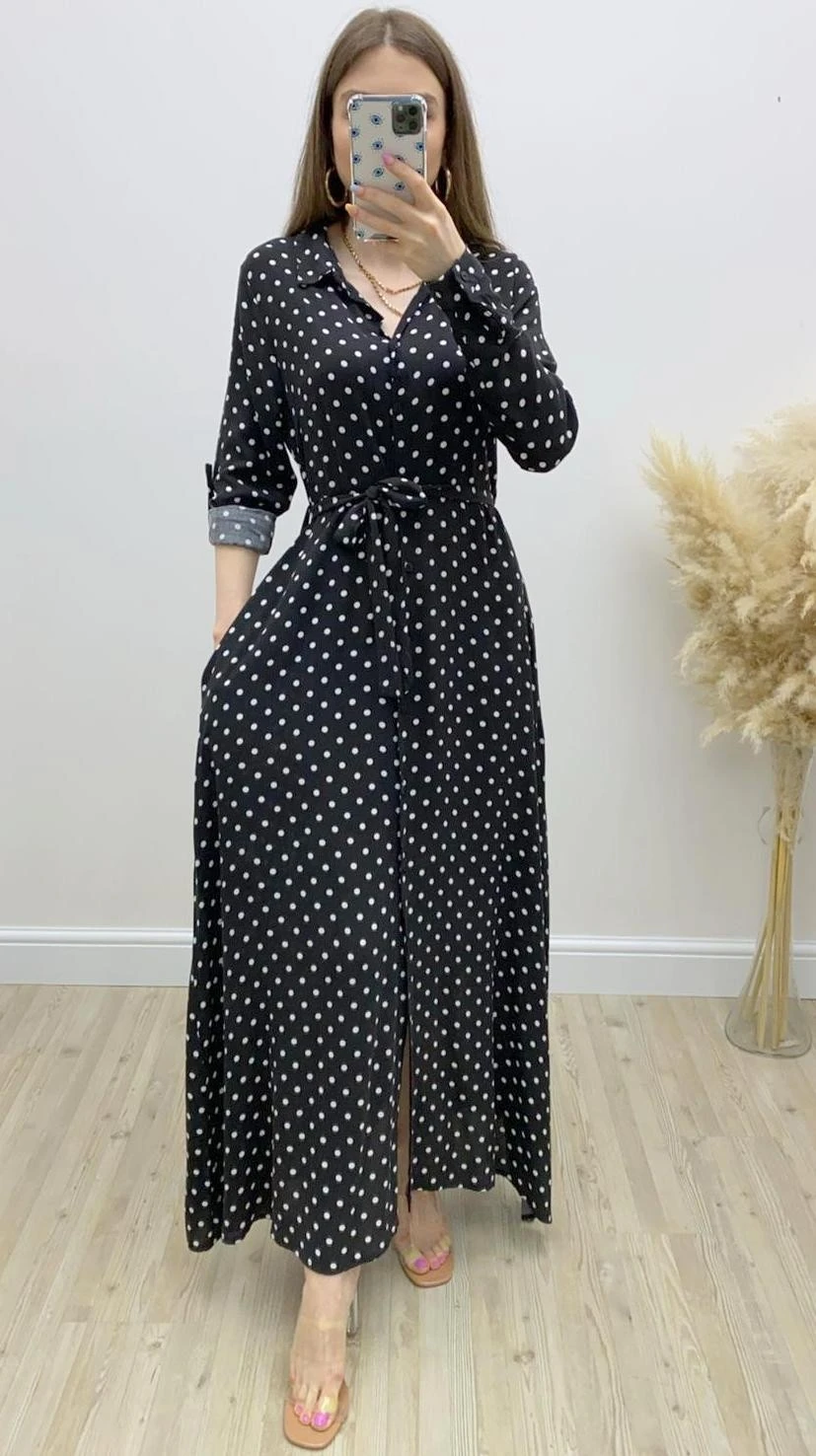 Puantiyeli Viskon Gömlek Elbise Siyah