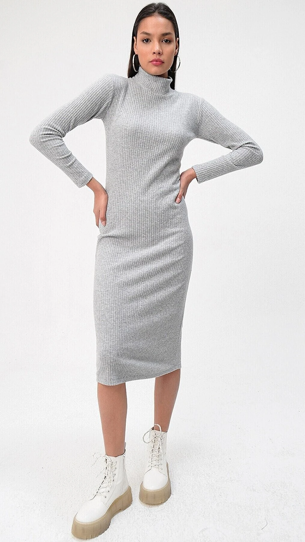 Yarım Balıkçı Kaşkorse Elbise Gri