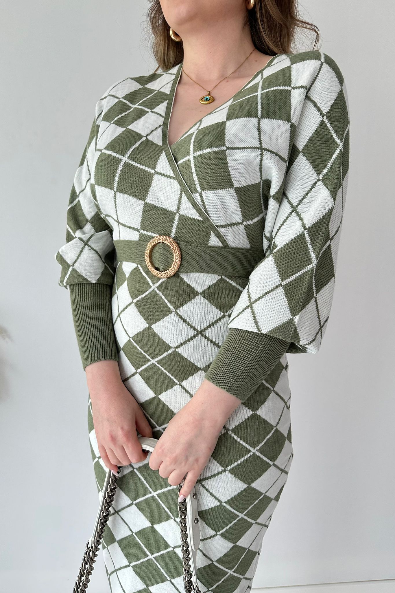 Kruvaze Ekoseli Triko Elbise