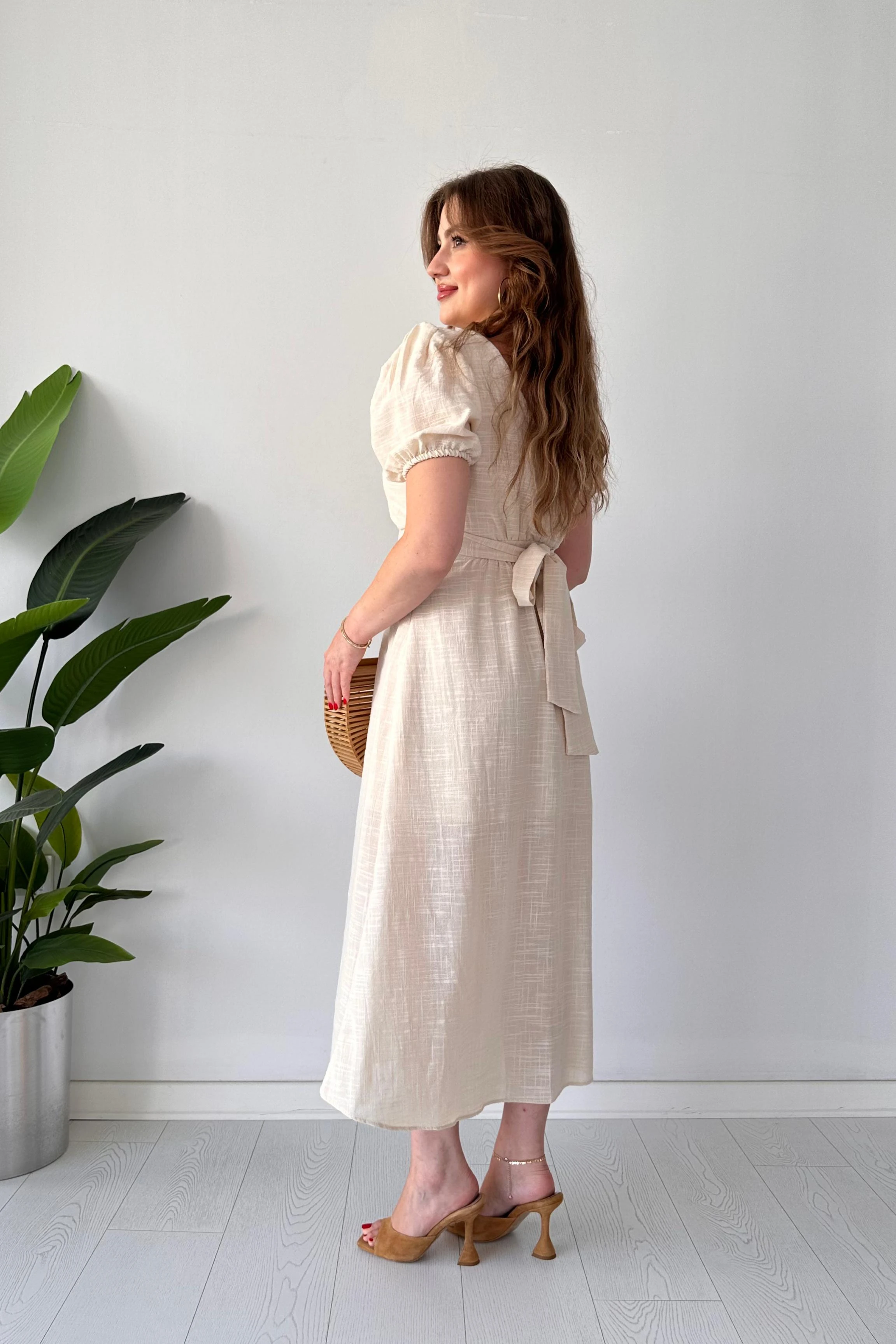 Önden Düğme Keten Elbise