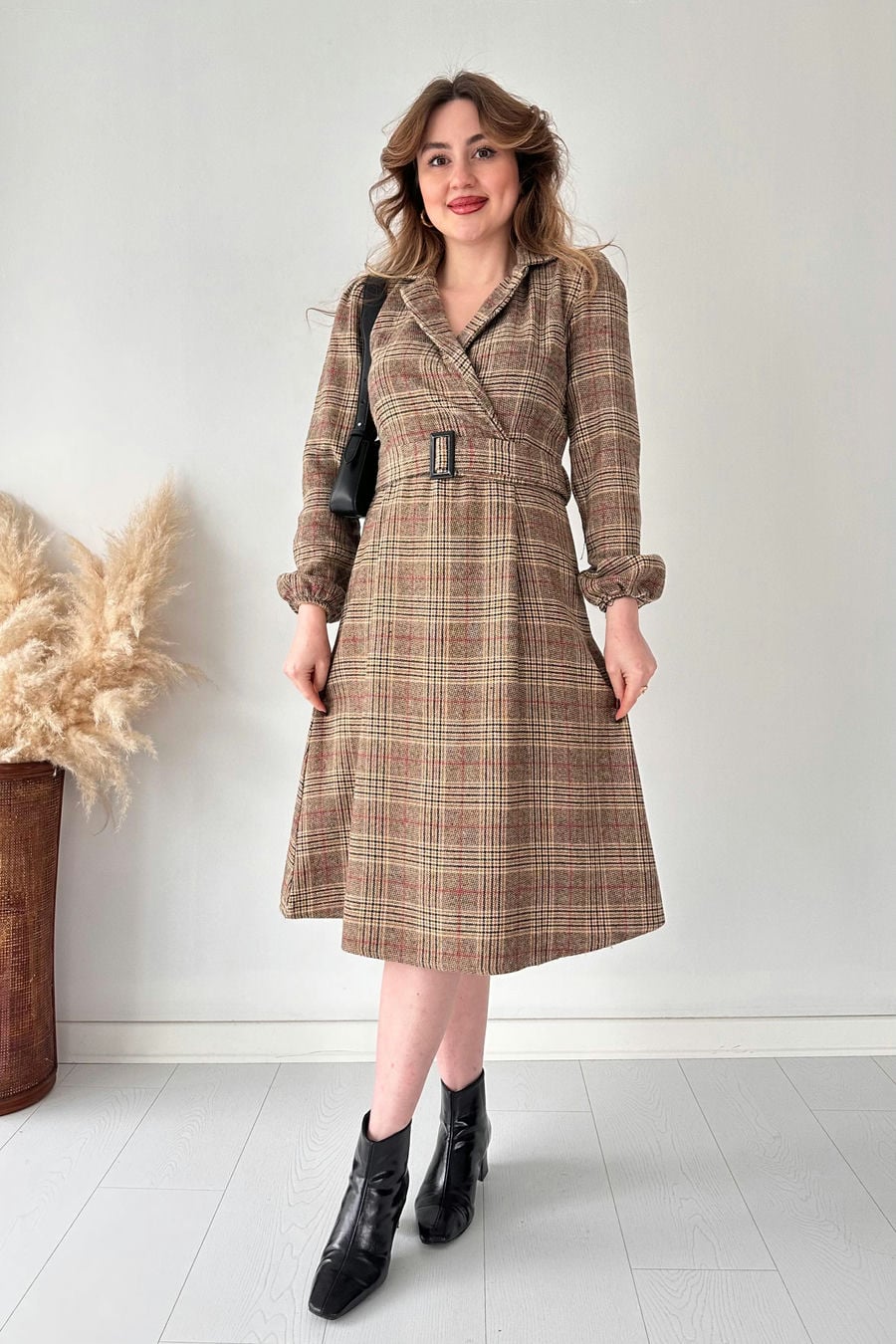 Kruvaze Kaşe Elbise Kahve