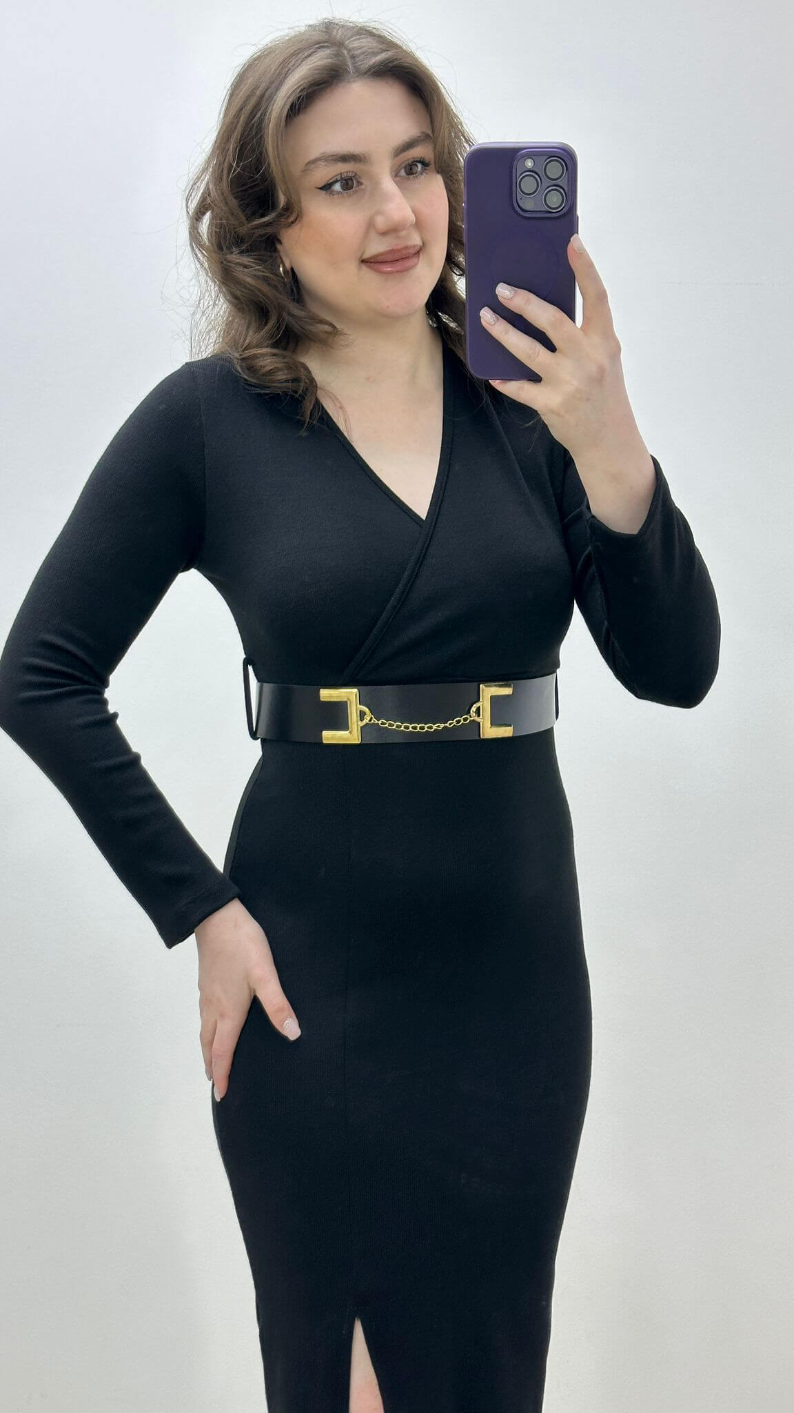 Zincir Kemerli Triko Elbise Siyah