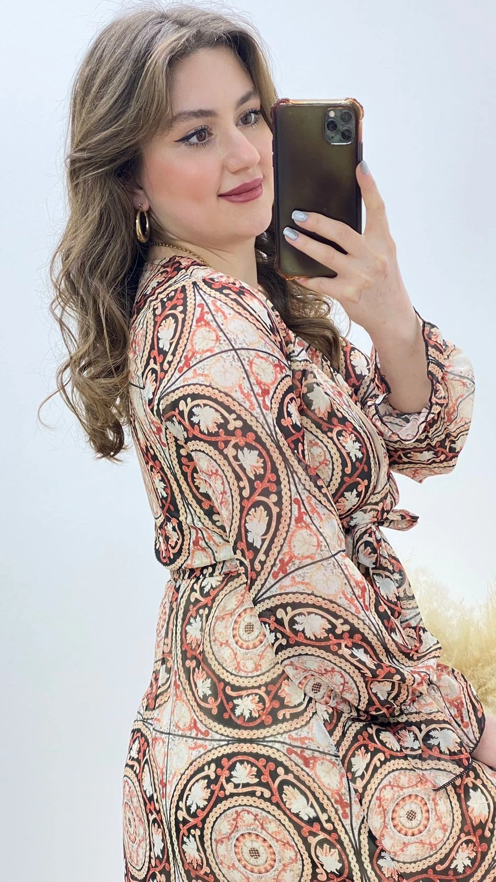 Çember Motifli Şifon Elbise Kiremit