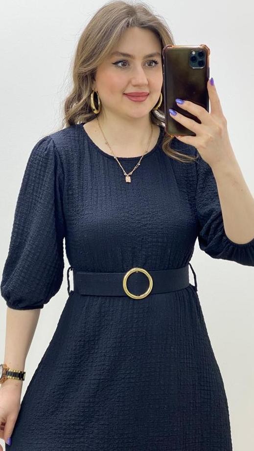 Dokulu Midi Boy Elbise Siyah