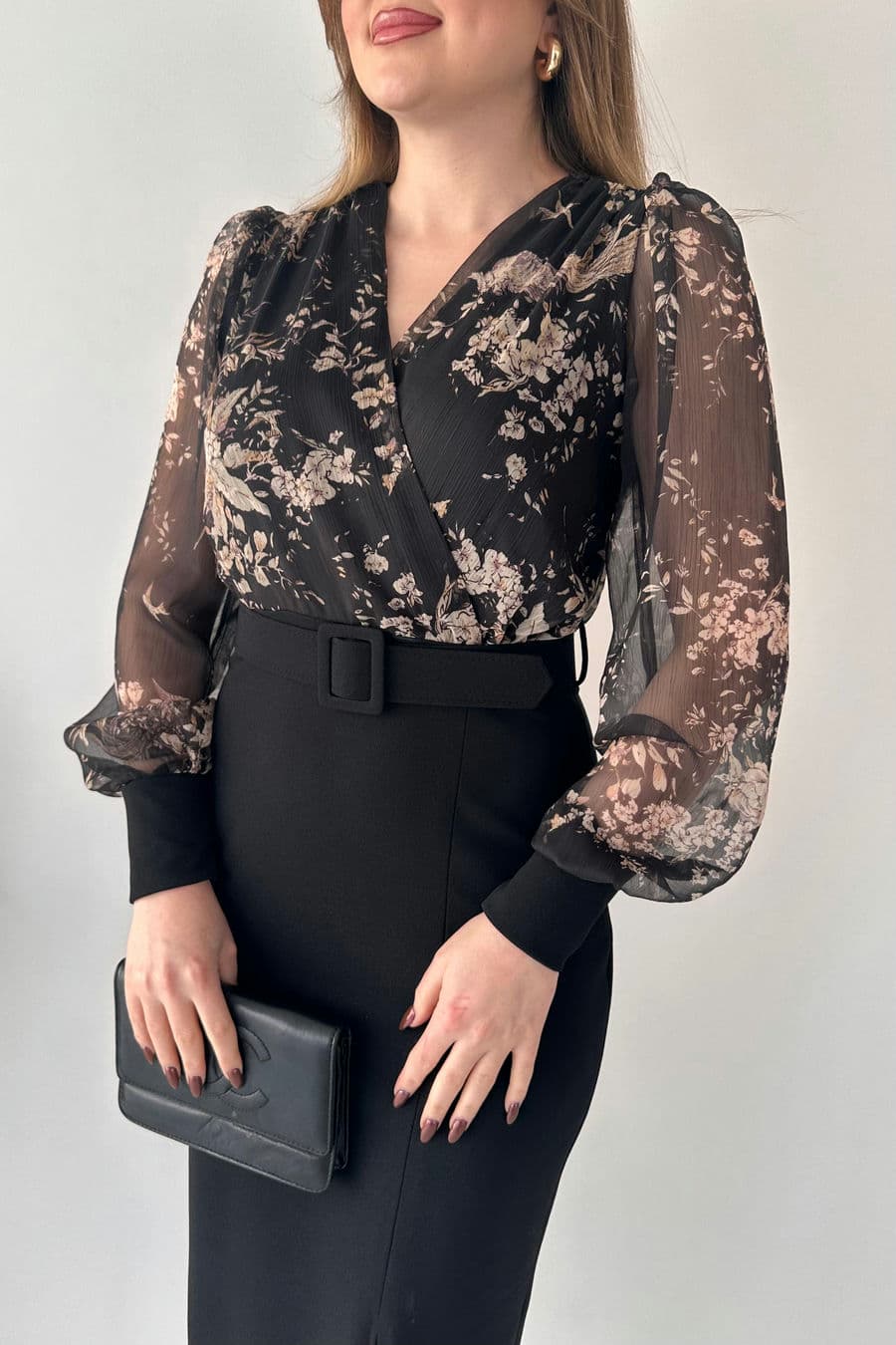 Üstü Bahar Şifon Kalem Elbise