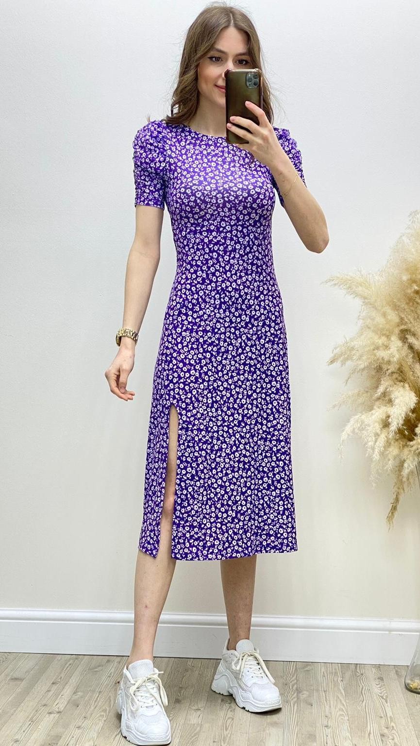 Beyaz Çiçekli Yırtmaçlı Pamuk Elbise Mor