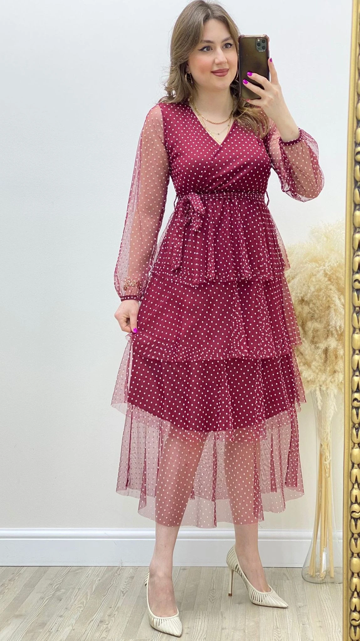 Katlı Puan Baskı Elbise Bordo